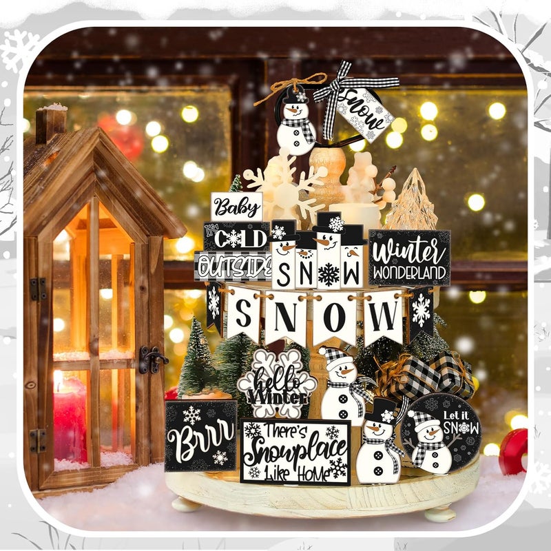 Funnymoom 24 Pcs Winter Tiered Tray Decor Set Winter Tiered Decorations Snowman Wooden Signs Snowflakes Table Centerpieces Without Tray Black White Farmhouse Frosty Snow Themed for Home Table - Image 4